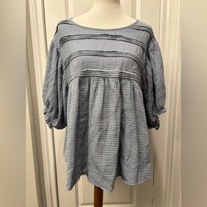 Ces Femme Blue Gauze Babydoll Cotton Peasant Top Baggy Blouse Size L